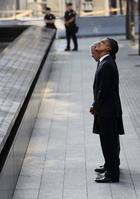 President Barack Obama with George W. Bush at the North Memorial Pond at the National September 11 Memorial on September 11, 2011. Photo:Pablo Martinez Monsivais/AP