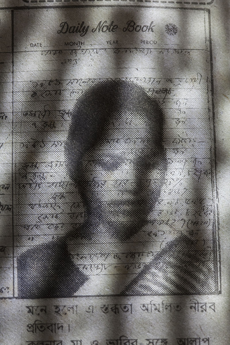 Newspaper collage of Kalpana's portrait and a page from her diary. Bhorer Kagoj
