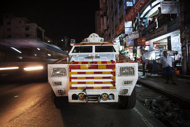 Armoured truck outside Tuba Garments