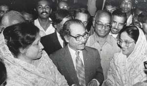 Historic photograph of head of first caretaker government Justice Shahabuddin Ahmed with leaders of the opposition Sheikh Hasina and Khaleda Zia. Photo by Azizur Rahim Peu