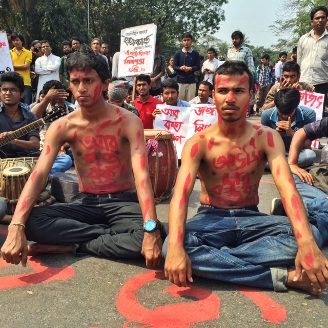 Students with protest slogans painted on their chest, as Noor Hossain had done in 1987, when he was gunned down by police. Photo: Shahidul Alam/Drik/Majority World