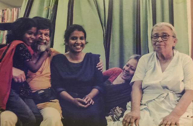 Mahasweta Devi, with (from left to right) Chompaboti, Shahidul Alam, Taslima Akhter and Rahnuma Ahmed, at our home in Dhanmondi, Dhaka. January 2009. ? Munira Morshed Munni